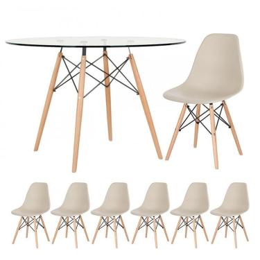 Imagem de Mesa Redonda Eames Com Tampo De Vidro 120 Cm + 6 Cadeiras Eiffel Dsw Nude