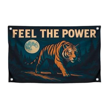 Imagem de Bandeira de tigre meme com citação "Feel The Power" com quatro ilhós de latão - Banners de poliéster para dormitório universitário de animais para parede e quarto - Faixa de lua de um lado para