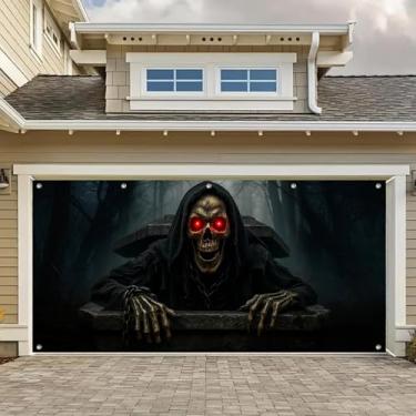 Imagem de BlissYard Capa de porta de garagem de Halloween 33 x 1,8 m esqueleto sobe do caixão Banner Grim Reaper decoração assustadora mural de porta de garagem assustador para exterior casa assombrada quintal