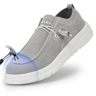 Imagem de Furuian Sapatos masculinos sem cadarço com bico de aço para segurança, mocassins, confortáveis, sem fecho, para trabalho, leves, calçados de segurança no trabalho, Cinza claro, 45