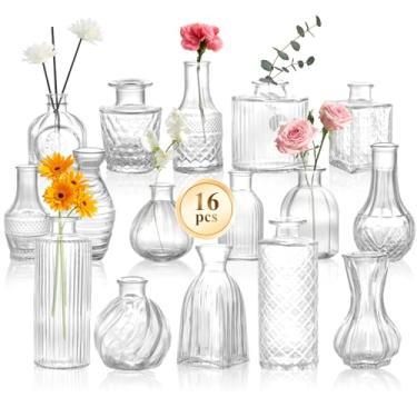 Imagem de DomeStar Conjunto de 16 peças de vasos de vidro para buquê, pequenos vasos cilíndricos transparentes para centros de mesa, casamento, casa, faça você mesmo