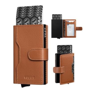 Imagem de VULKIT Carteira fina dobrável dobrável minimalista de couro com bloqueio de RFID, capa para cartão de metal com janela para identidade para mulheres, Top marrom genuíno, Minimalista