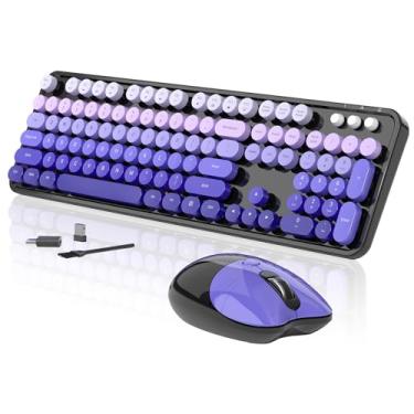 Imagem de Teclado e mouse sem fio, 104 teclas redondas, máquina de escrever retrô com OTG e pincel, ergonômico de tamanho completo, ideal para Windows PC, casa, escritório e faculdade, roxo e rosa