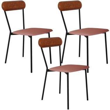 Imagem de Kit 03 Cadeiras Estofada Para Sala De Jantar Liora Preto C01 Linho Rosê Courino Caramelo - Lyam Decor