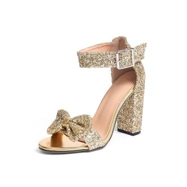 Imagem de GATUXUS Sandálias femininas grossas de salto alto com glitter, bico aberto, tira no tornozelo, salto bloco, Dourado, 40