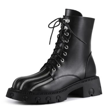Imagem de Feinlina Bota feminina plataforma de combate no tornozelo, salto baixo, gótica, cadarço com zíper lateral, moderna, sola saliente, boate, boate, casamento, Preto, 37