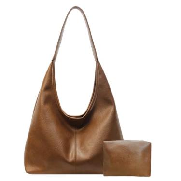Imagem de JueiXeoy Bolsas Hobo de couro para mulheres, bolsa de mão folgada, retrô, de couro PU, bolsas de ombro macias, bolsa grande de trabalho, 2 peças, B - Marrom, One Size