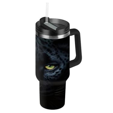 Imagem de ATTX Copo Pantera Negra Negra de 1,134 g com alça, copo de aço inoxidável a vácuo de parede dupla com palha, caneca de café de viagem isolada #464