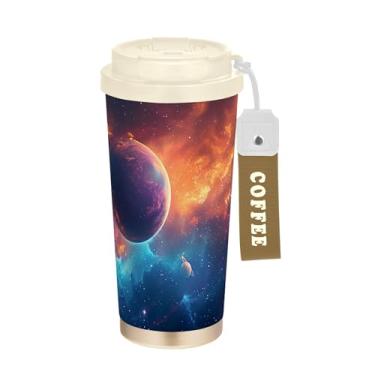 Imagem de SEHANY Caneca de viagem Galaxy Starry Sky de viagem de 500 ml Copos de café reutilizáveis revestidos de cerâmica com tampa à prova de vazamento, parede dupla, isolamento a vácuo, copo de café de aço