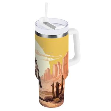 Imagem de xigua Copo vintage Western Cowboy de 1,134 g com tampa e canudo, aço inoxidável de vácuo duplo isolado garrafa de água esportiva suporte para copo de café de viagem à prova de vazamento para bebida