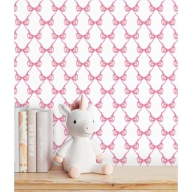 Imagem de RUSPEPA Papel de parede descascar e colar, 17,3 polegadas x 6,5 pés, lindo design de laço rosa autoadesivo papel de parede removível decorativo impermeável papel de contato para armários, paredes