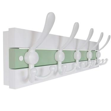 Imagem de SKOLOO Cabide de parede costeiro – Gancho de madeira para entrada de casa de praia de 43 cm com 5 ganchos para pendurar casacos, chapéus ou toalhas, coleção de cabanas à beira-mar, branco e verde