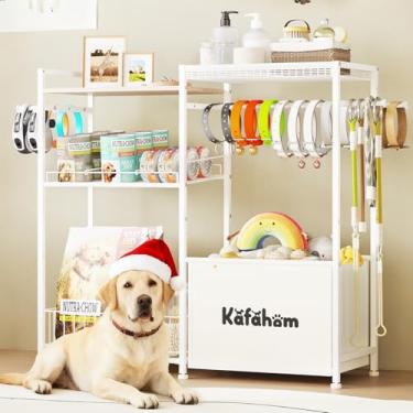 Imagem de KAFAHOM Cesto de brinquedo para cães com gancho de suporte de coleira, organizador de lata de comida de gato, estação de alimentação para animais de estimação com armário de armazenamento, inclui