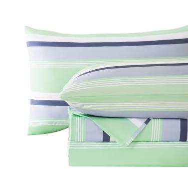 Imagem de MCO Conjunto de lençóis listrados de 4 peças, conjunto de lençol completo respirável com bolso profundo de 41 cm, moderno e luxuoso, conjunto de cama de microfibra escovada (casal, verde cinza)