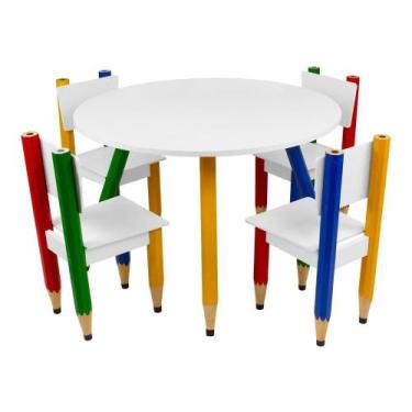 Imagem de Kit 4 Cadeiras E Mesa Infantil Lápis Coloridos Redonda Tampo Branco Pé
