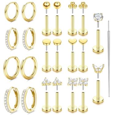 Imagem de Sanfenly Brincos de pressão de 16 G, 18 G, 20 g, costas planas, hipoalergênicos, sem fios, brincos de cartilagem de aço cirúrgico 316L para mulheres, 18G(0.8MM)-Star&Moon, Aço inoxidável, Sem pedra