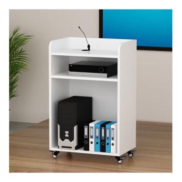 Imagem de Suporte de pódio móvel com rodízios e gavetas - Púlpito multifuncional para igrejas, salas de aula, conferências e casamentos - Acabamento em teca, suporte de recepção no chão