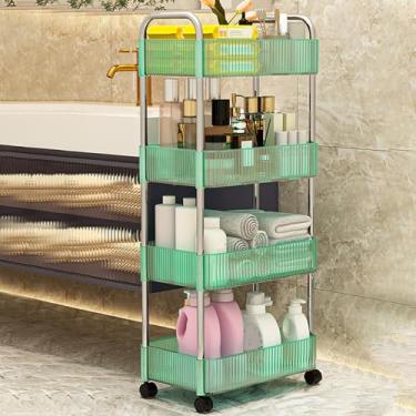 Imagem de Carrinho de rodinhas de acrílico verde com rodas e alça bloqueáveis - Carrinho utilitário transparente de 4 camadas para armazenamento de cozinha e banheiro, organizador móvel para casa e escritório