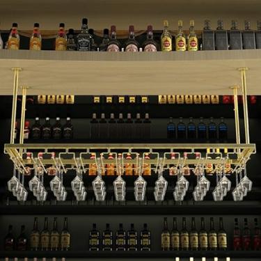 Imagem de Prateleiras organizadoras de metal, suporte de exibição de taça de vinho tinto, prateleiras de vidro altas de cabeça para baixo, prateleira de barra decorativa suspensa, rack de altura ajustável