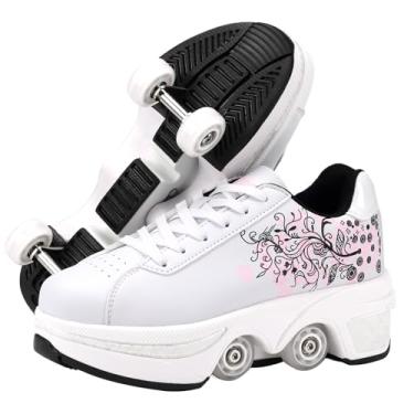 Imagem de Tênis de skate para meninas, crianças, mulheres, homens, sapatos de patinação de fileira dupla, tênis de rodas retráteis, patins Parkour ajustáveis, tênis de deformação ao ar livre (Bhua, 11 feminino
