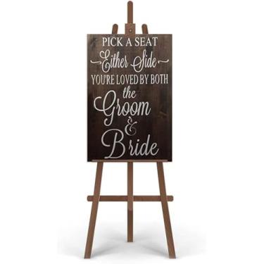 Imagem de Placas de madeira rústica Pick a Seat Not A Side Sign You Are Loved by the Groom and Bride, placas de casamento decoração de parede cozinha café pub decoração presente 45 x 30 centímetros