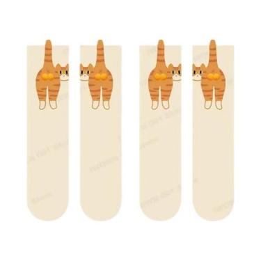 Imagem de Meias Femininas De Cano Médio Com Design Divertido E Fofo De Gato 3D E
