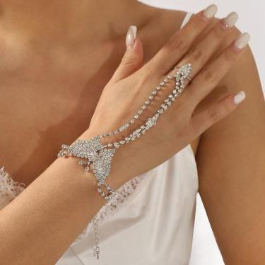 Imagem de Bracelete Anel Pulso Zircônia Prata Noiva Casamento Borboleta Brilho P