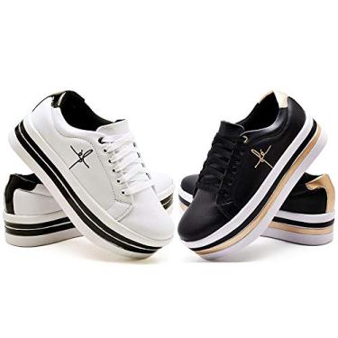 Imagem de Kit 2 Tênis Feminino Plataforma Bordado Fé Anabela Exclusiva Cor:Preto e Branco;Tamanho:35