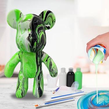 Imagem de HANDA DIY Pintura Fluido Urso Urso de Pelúcia Kit de Pintura Criativa Decoração Doméstica Bonecas Bonecas Brinquedos Presente para Aniversário Dia dos Namorados (23 cm, Verde + Preto + Branco)
