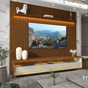 Imagem de Painel e Rack Ripado com LED e Rodízio Nobre 230 Castanho Off White - Gelius