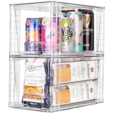 Imagem de Zero Zoo Pacote com 2 gavetas grandes empilháveis de armazenamento de cozinha, caixas organizadoras de alimentos transparentes com alças, montagem fácil para banheiro, cozinha, despensa, armário