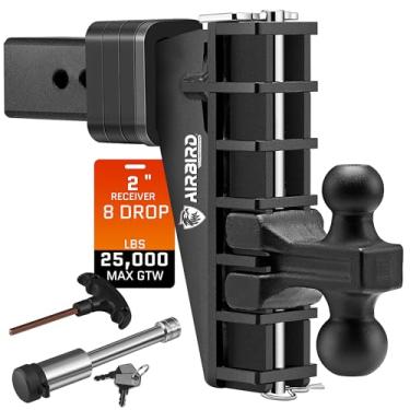 Imagem de AIRBIRD Engate de reboque ajustável para receptor de 5 cm, reboque de alumínio, engate de queda/elevação de 20 cm (11,339 kg Gtw), bolas de 5 e 6 cm, preto