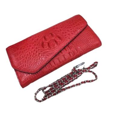 Imagem de Bolsa feminina de couro jacaré genuíno com corrente de aba feminina de couro de crocodilo bolsa de ombro única feminina, Vermelho, 26cm(Length) x 12cm(Height) x 3cm(Deep)