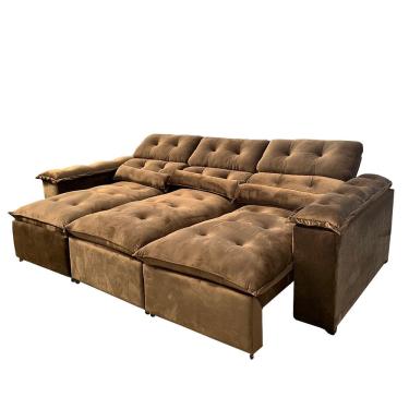 Imagem de Sofá Retrátil e Reclinável 2,75m em Tecido Veludo Marrom com Pillow nos Braços e Assentos - Com 05 Lugares e Montagem Inclusa
