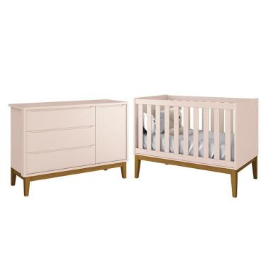 Imagem de Jogo De Quarto Infantil Cômoda 1 Porta E Berço Classic Rosa Fosco Com Pés Amadeirado - Reller Móveis Rosa Fosco