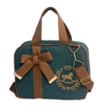 Imagem de Frasqueira Térmica Luxo para Bebê, Alça Dupla, Decorada com Laço e Bordado, Verde Escuro e Marrom