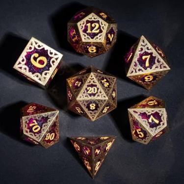 Imagem de Cusdie 7-Piece Metal Frame Sharp Edges DND Dice Set with Metal Frame- Perfect for Tabletop RPGs Board Games Gifting and Collecting(Purple)