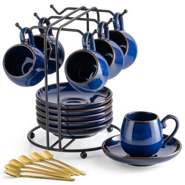 Imagem de LYEOBOH Conjunto de 6 xícaras de café expresso de 85 g, xícaras de café pequenas de cerâmica com pires, xícaras de demitasse fofas e suporte de metal com colheres para um ótimo presente, mini xícara