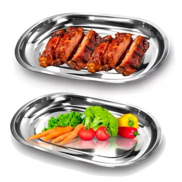 Imagem de Jogo com 2 Baixela Oval de 35cm Bandeja Aço Inox Travessa Servir Porções Restaurante Buffet