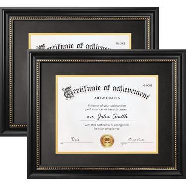 Imagem de Yaetm Moldura para diploma de 28 x 35,5 cm, moldura de certificado com vidro temperado, visor de 21 x 28 cm com tapete preto sobre ouro, sem ácido, moldura de grau para parede e mesa, preto com contas