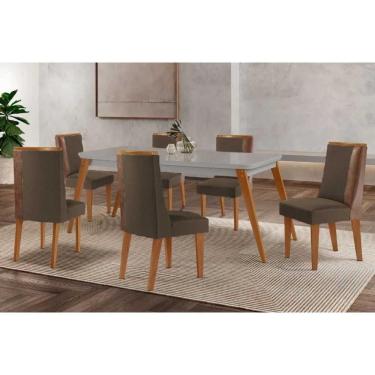 Imagem de Conjunto Sala de Jantar Havana c/ Tampo Madeirado c/ Vidro Canto Curvo 180x90cm e 6 Cadeiras Tilia Madeira Maciça Naturale/Off White - Capuccino/Suede