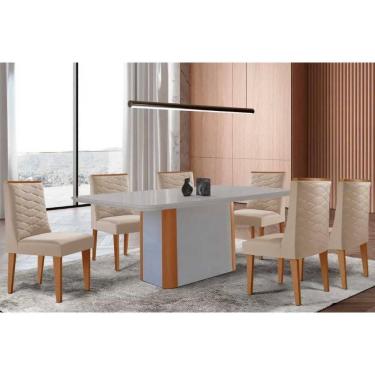 Imagem de Conjunto Sala de Jantar Pietá c/ Tampo Madeirado c/ Vidro Canto Curvo 180x90cm e 6 Cadeiras Dafne Madeira Maciça Naturale/Off White - Capuccino/Suede 