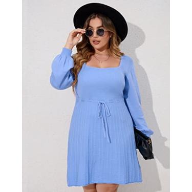 Imagem de ShopWonder Vestido suéter plus size feminino plus size A Line Wrap Sweater Dress em vestido suéter plus size outono, Azul celeste, 1 com cinto, 3G
