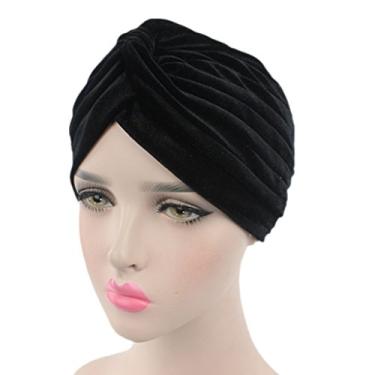 Imagem de Boné feminino de veludo listrado YFJH plissado com babados e tecido turbante, Plano, Preto, One Size