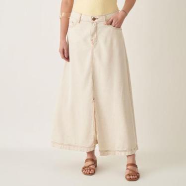 Imagem de Saia Midi Evasê com Zíper e Fenda - Bloom, Cru, 46