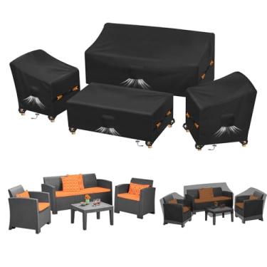 Imagem de Kovshuiwe Conjunto de 4 peças à prova d'água, cadeiras de gramado, mesa de centro, conjunto de móveis de pátio para sofá externo - tecido Oxford 210D, à prova de vento com alça de fivela, preta