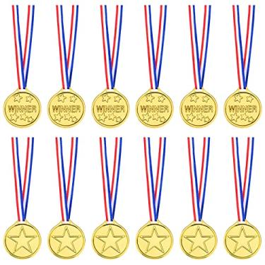 Imagem de 12 medalhas plásticas de ouro para festas esportivas infantis, prêmios olímpicos