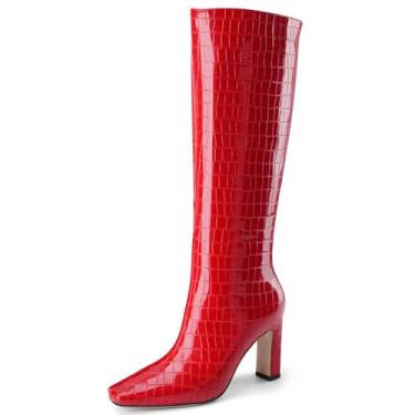 Imagem de Perisis Botas de cano alto femininas pretas longas botas altas de salto alto grosso bico quadrado padrão crocodilo botas de couro com zíper lateral para mulheres sexy, Estampa vermelha, 41