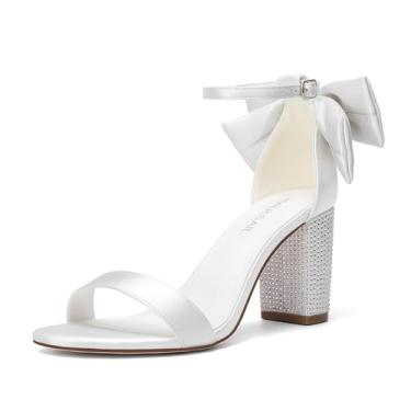 Imagem de HAULSAIL Sandálias femininas elegantes de casamento, cetim branco, salto bloco de strass, detalhe de laço decorativo, fecho de tira no tornozelo, salto 8 cm, Branco marfim, 40