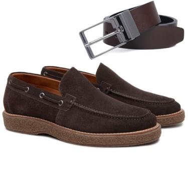 Imagem de Kit Turunelli Calçados Sider Masculino Café + Cinto Dois Lados, Sapato Casual em Couro Camurça, Forro em Couro, Palmilha GEL, Solado Borracha, Confortável e Sofisticado, Numeração 37-44 (BR, Adulto, Numérico, 44)